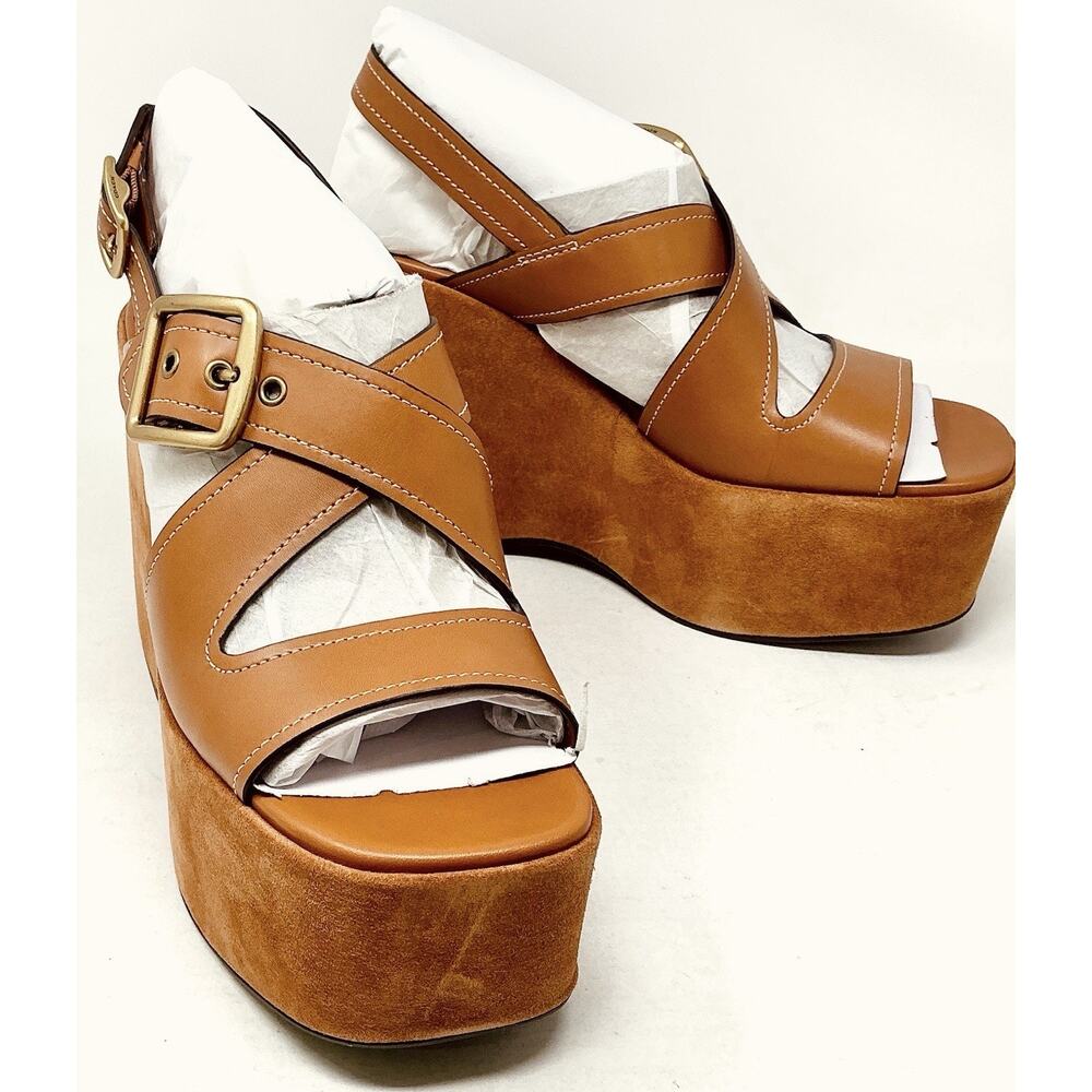 Coach Archival Buckle Platform Sandals Tan Cognac Suede Wedge Size 10 NIB - Picture 11 of 15